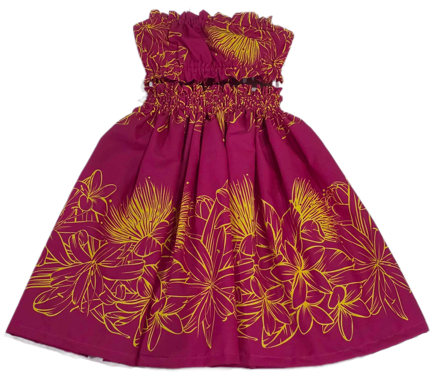 Purple dress with gold floral patterns on a white background