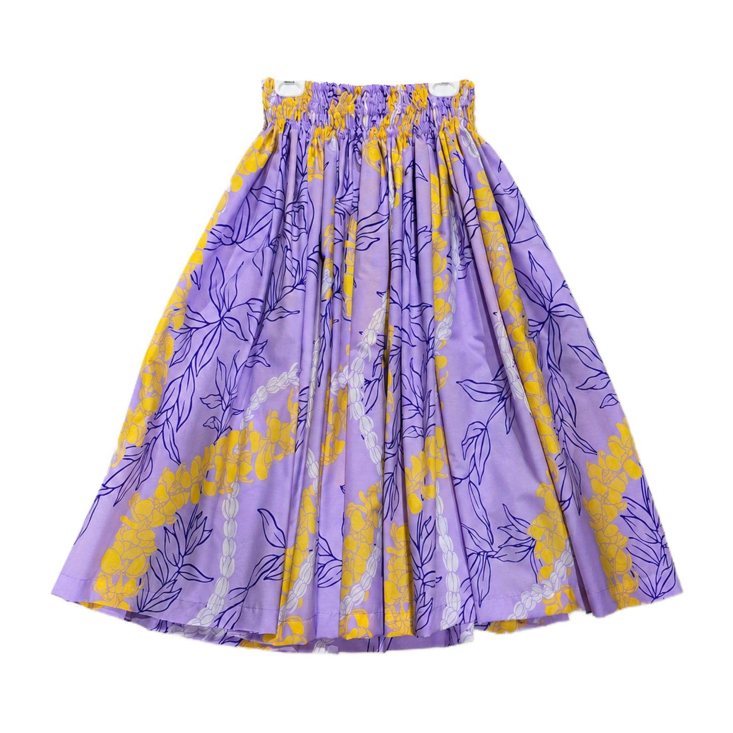 Purple and yellow patterned skirt on a hanger against a white background
