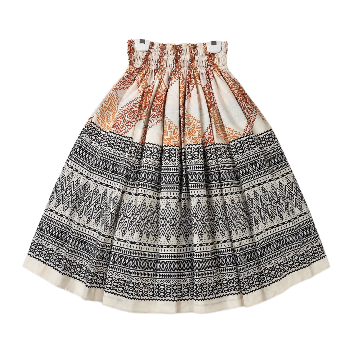Skirt with geometric pattern on a hanger against a light gray background