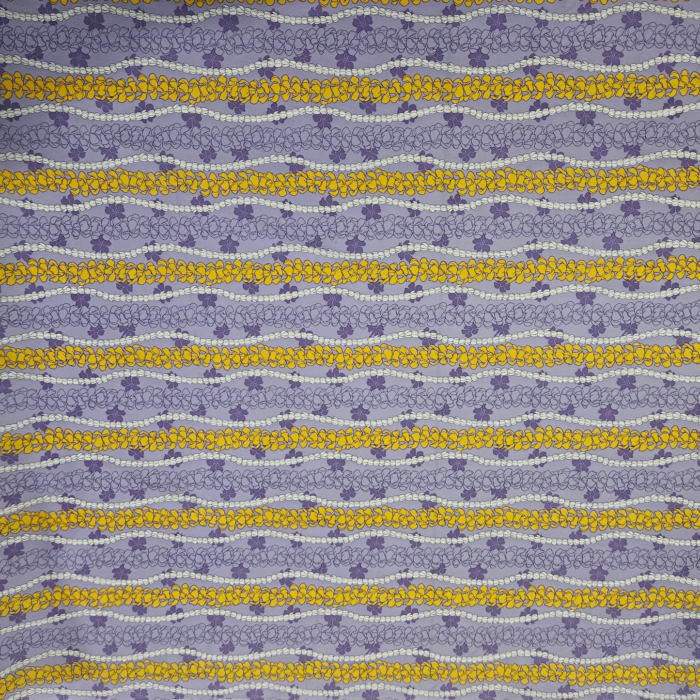 Patterned fabric with blue and yellow floral stripes on a purple background