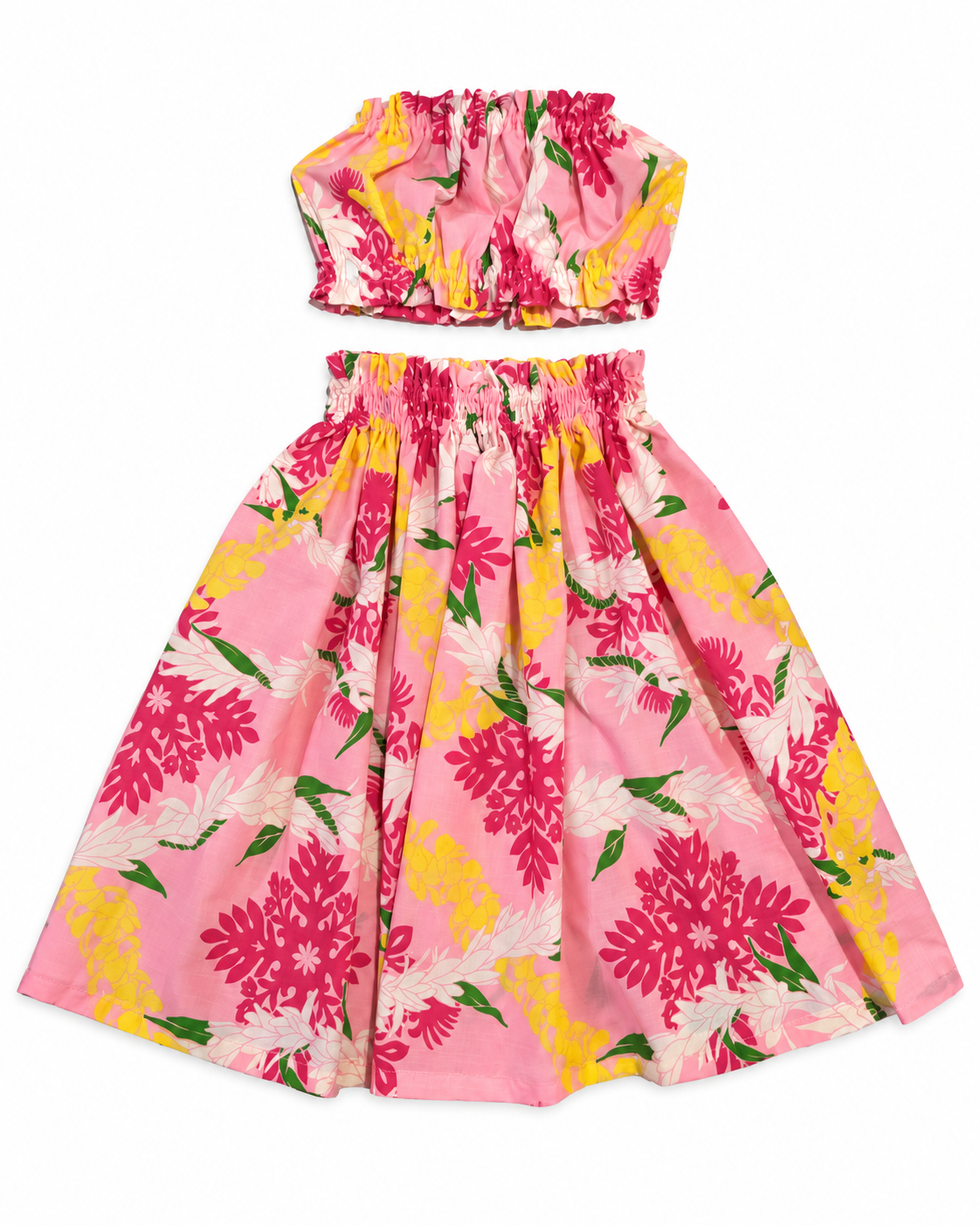 A two-piece girls' outfit set featuring a strapless top and a matching pleated skirt in a pink tropical floral print with yellow, white, and green accents, laid flat on a white background.