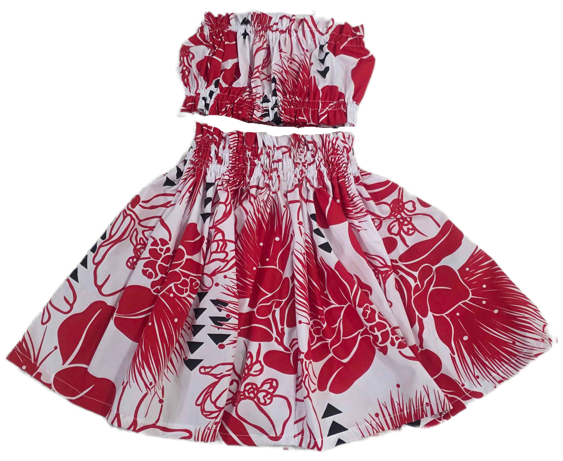 Red and white floral dress with black accents on a white background