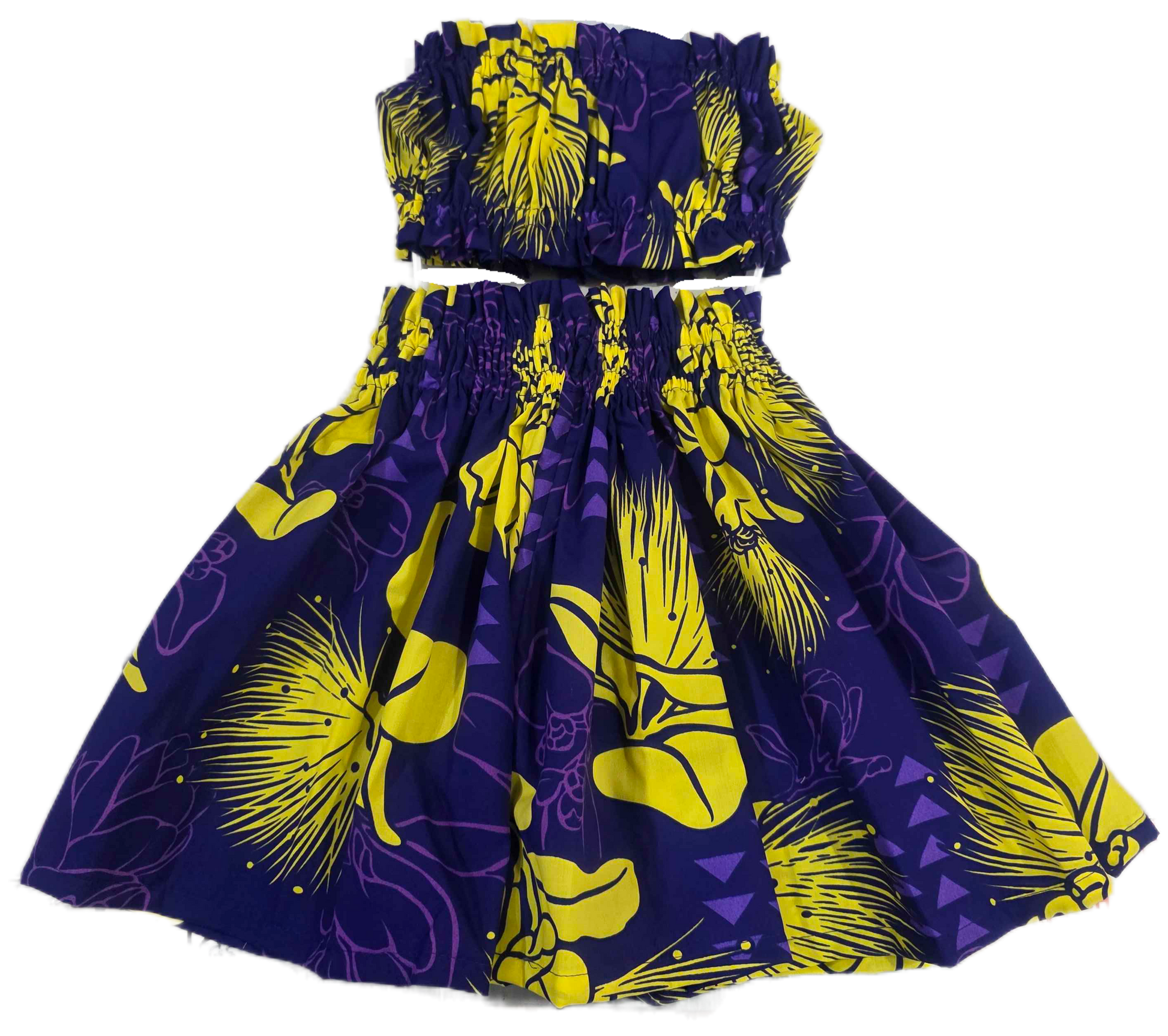 Purple and yellow dress with floral pattern on a white background