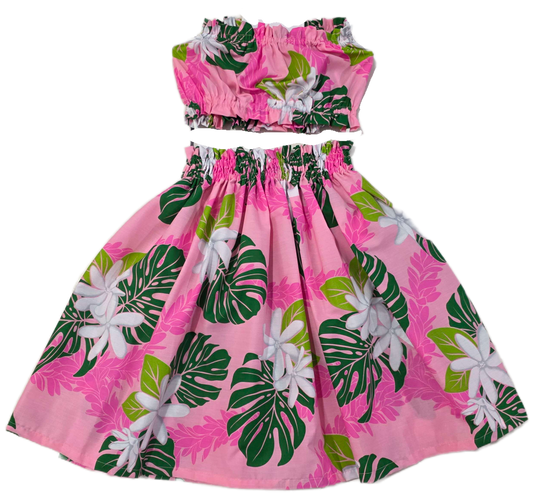 Tiare and Leaves Pink Keiki Pa'u Set (5-12yrs)