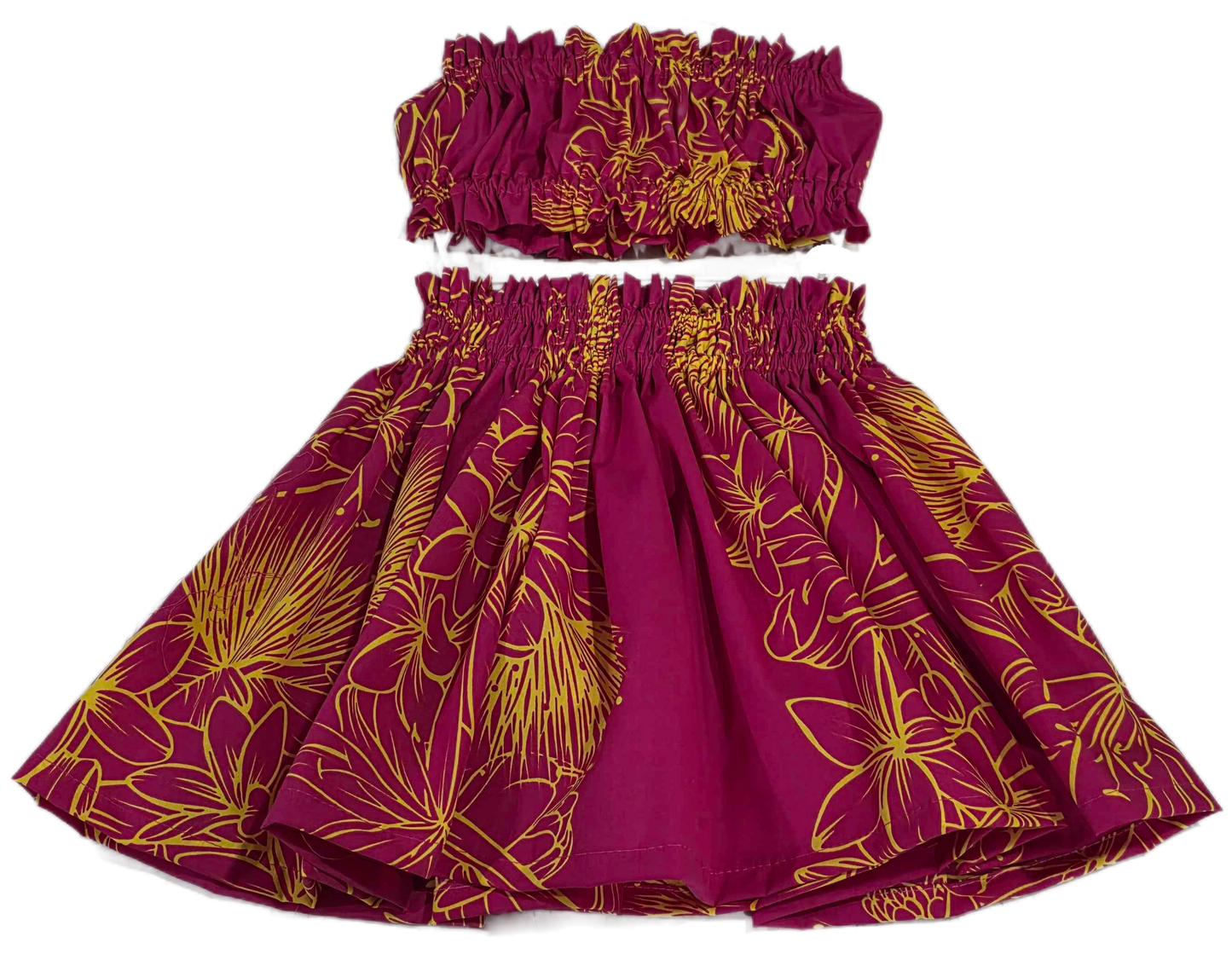 Purple dress with gold floral patterns on a white background