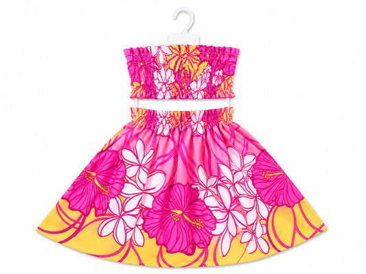 Pink Hibiscus and Plumeria Keiki Pa'u Set (5-12yrs)