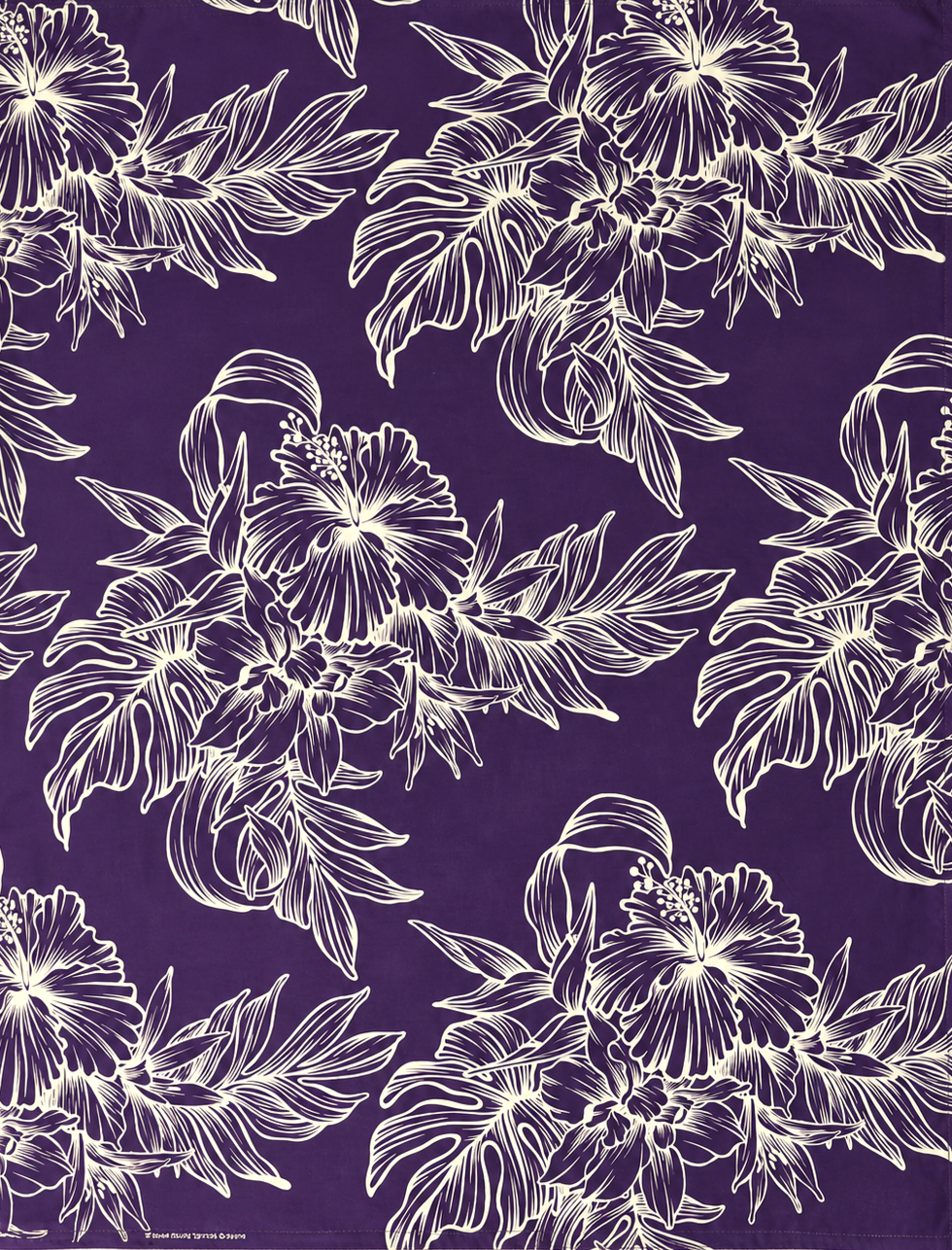 White floral and leaf pattern on a purple background