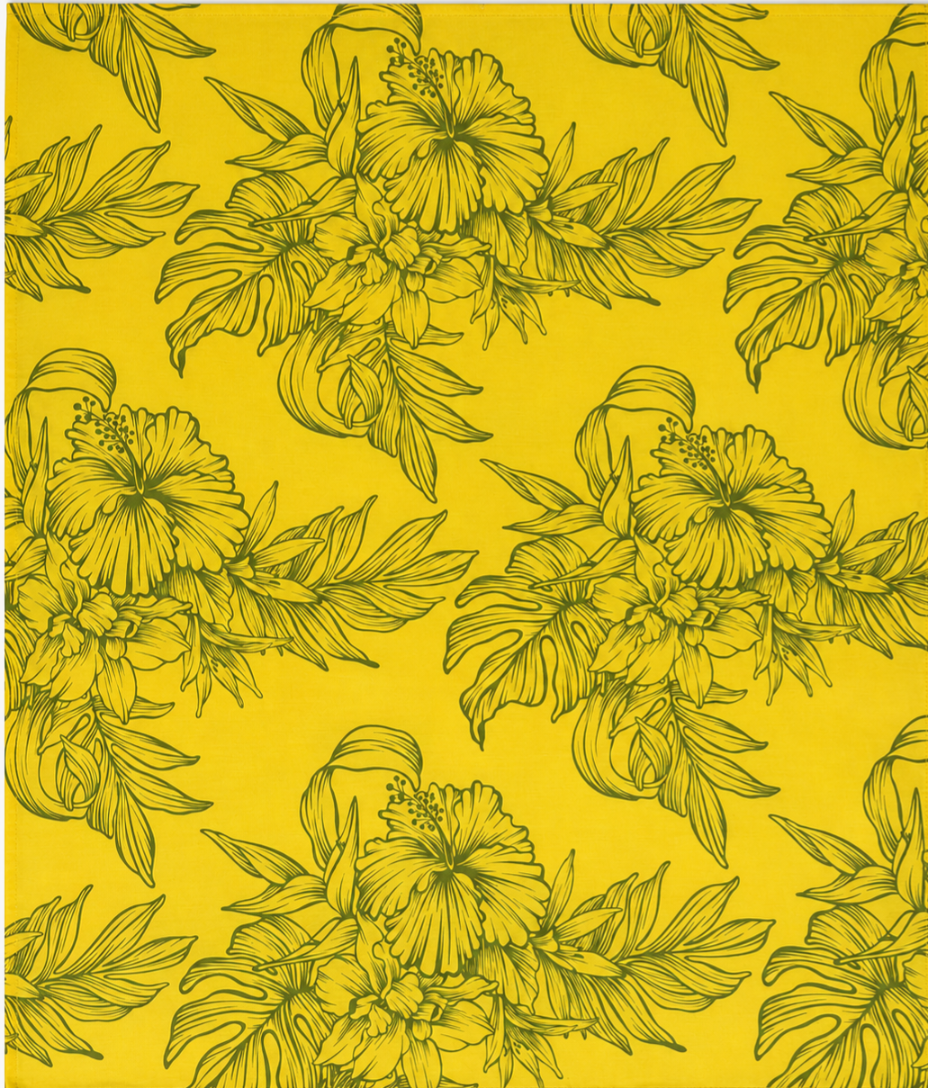 Floral pattern with yellow flowers and green leaves on a yellow background