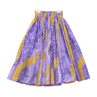 Purple and yellow patterned skirt on a hanger against a white background