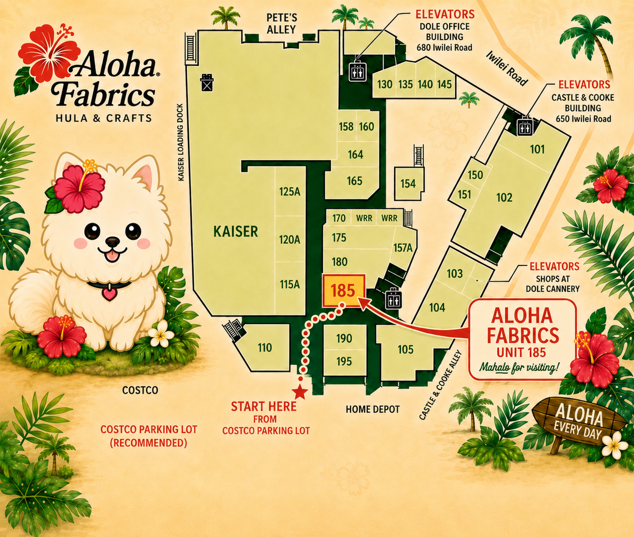 Map of Aloha Fabrics location with cartoon dog and tropical elements