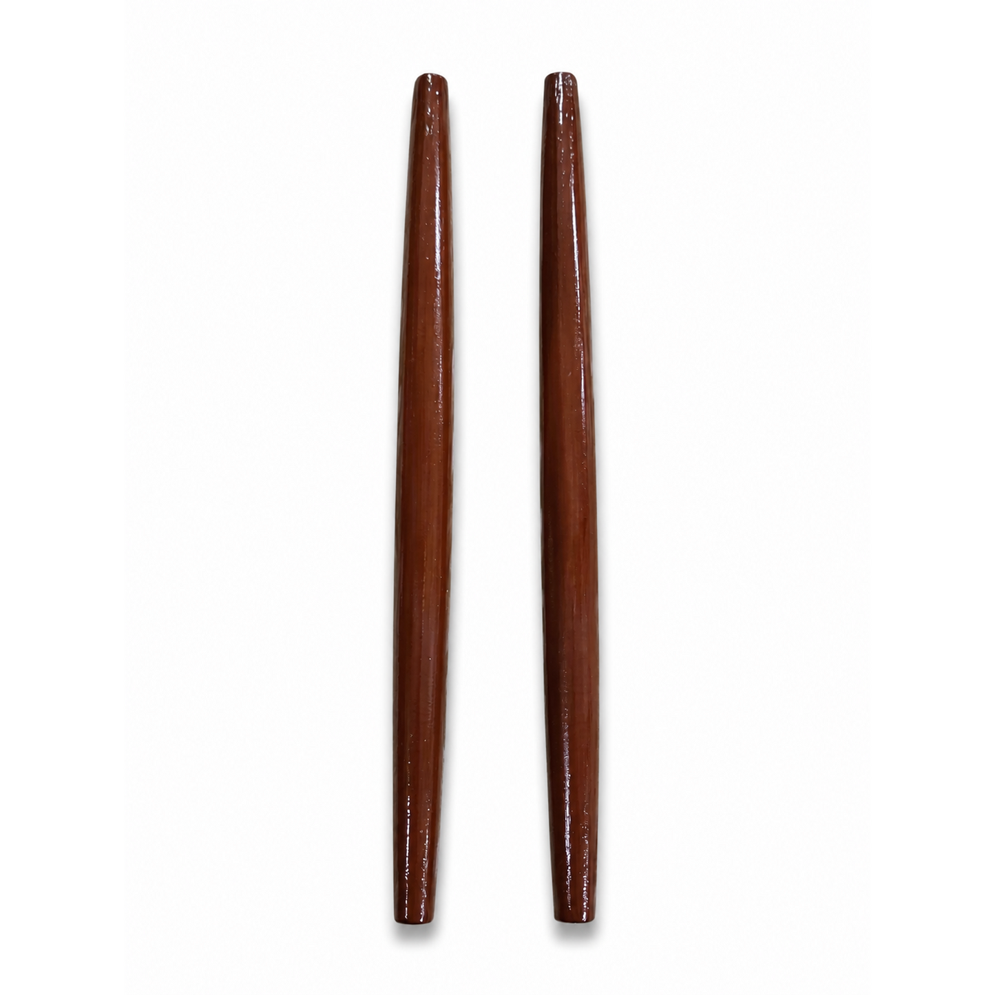 A pair of dark reddish-brown wooden drumsticks with a glossy finish, standing vertically against a plain white background.