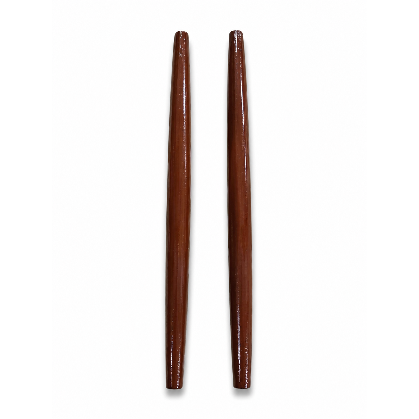 A pair of dark reddish-brown wooden drumsticks with a glossy finish, standing vertically against a plain white background.