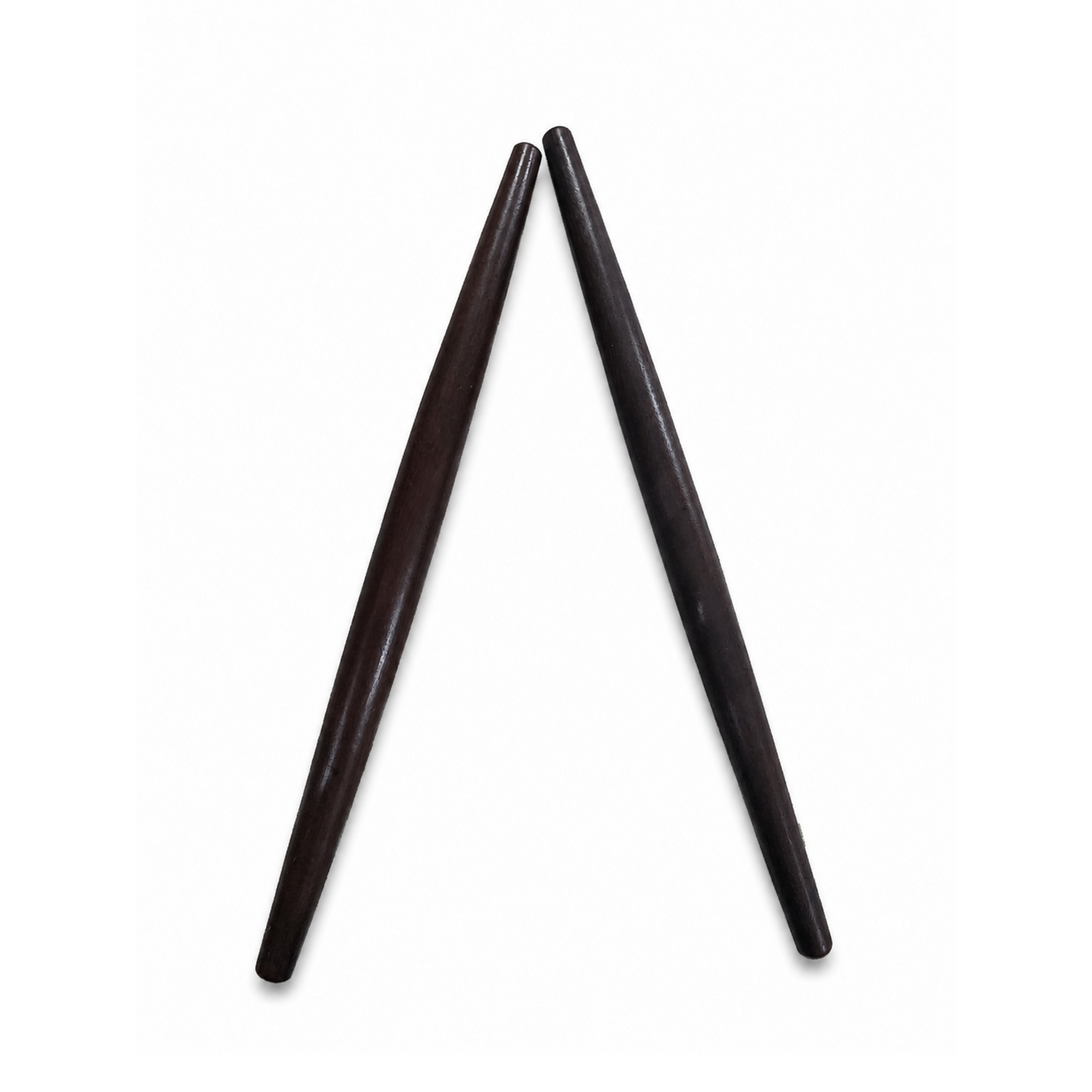 A pair of dark brown wooden chopsticks arranged in a V-shape on a plain white background.