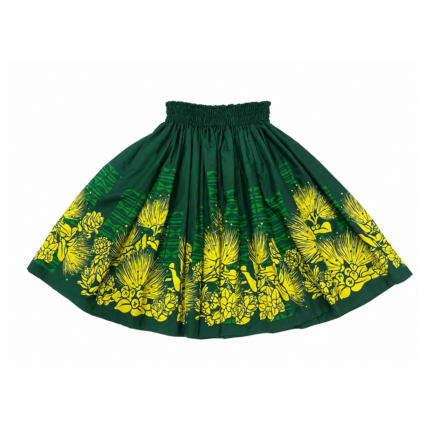 A dark green pleated skirt featuring a vibrant yellow tropical floral and leaf print along the hem, with an elastic waistband.