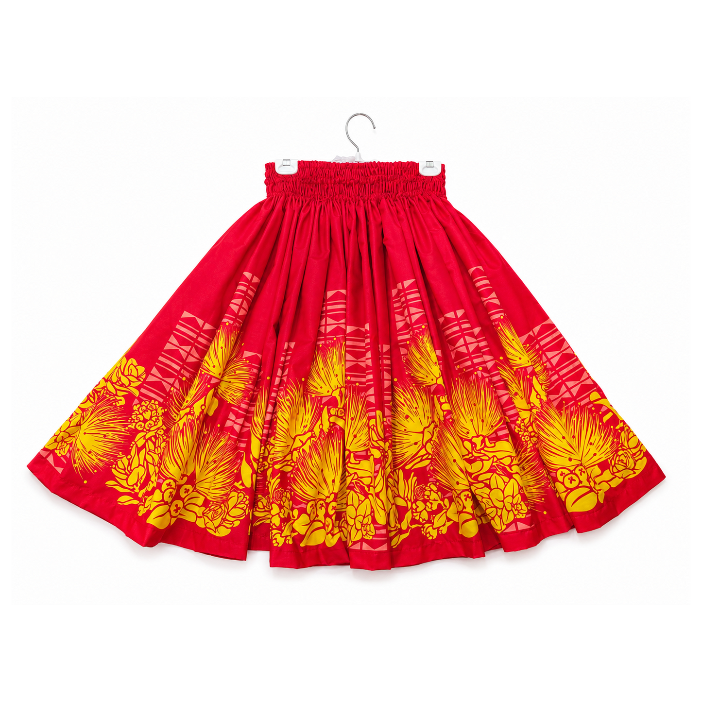 A red pleated skirt with a yellow and orange floral and sunburst pattern, hanging on a white hanger against a white background.