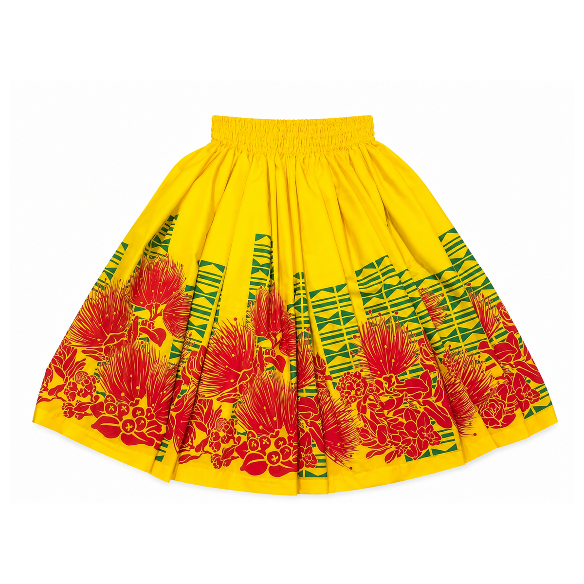 A bright yellow pleated skirt featuring a bold red floral and green geometric pattern, displayed against a solid white background.