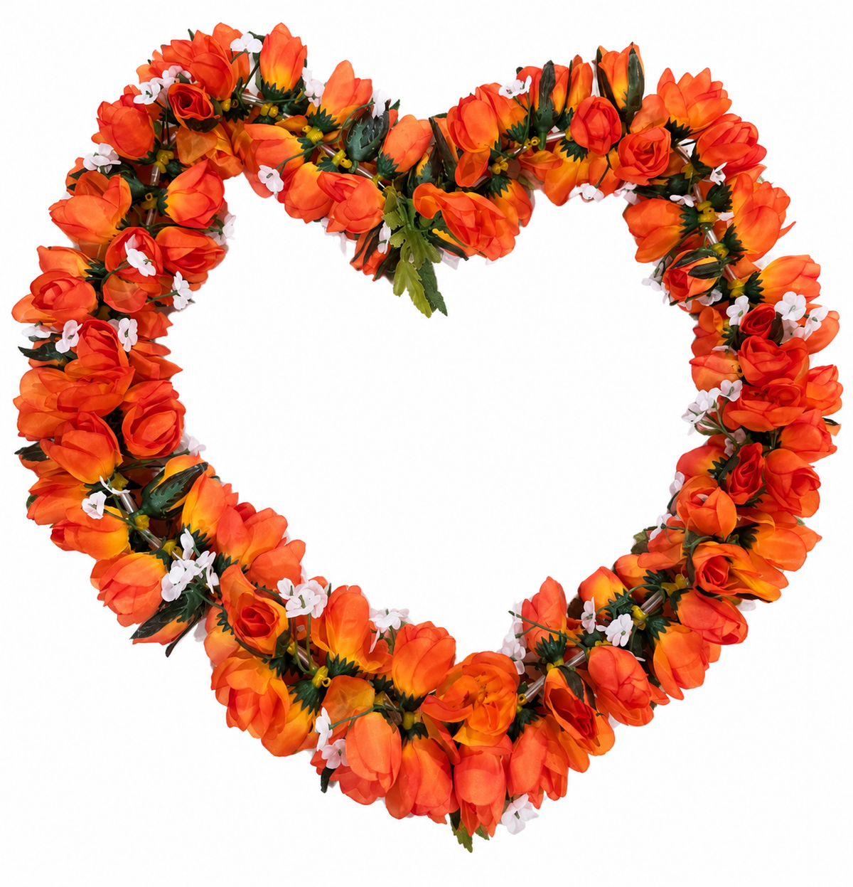 A heart-shaped floral lei made of orange roses, orange tulips, green leaves, and small white flowers, isolated on a white background.