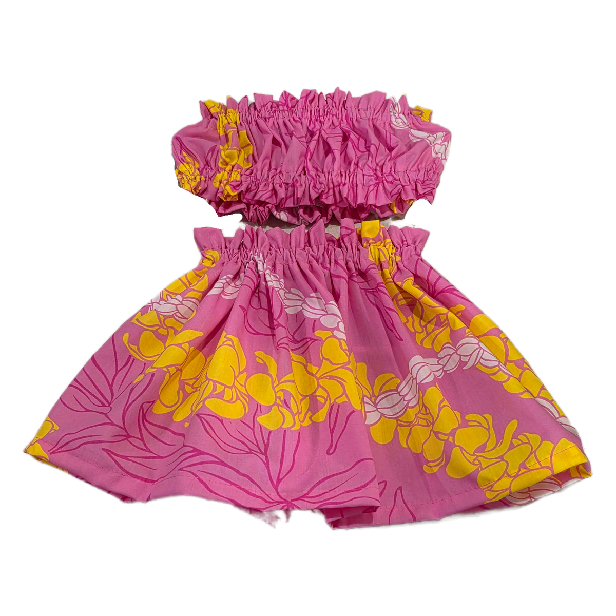 Pink and yellow floral dress on a white background