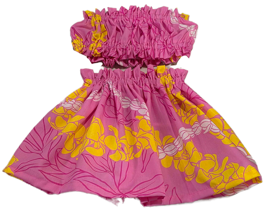 Pink and yellow floral dress on a white background