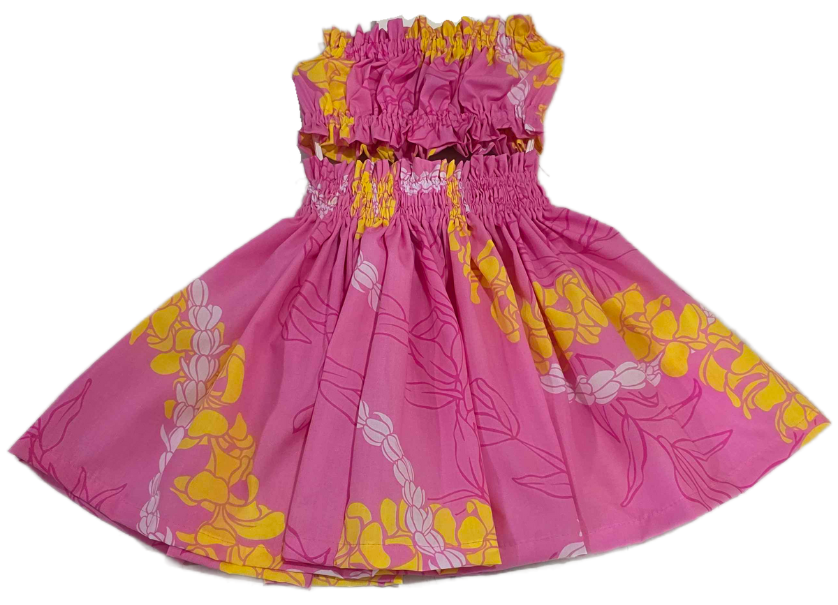 Pink dress with yellow floral patterns on a white background