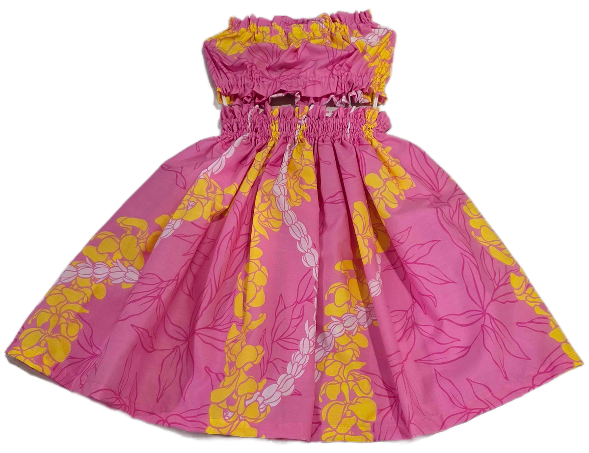 Pink and yellow floral dress on a white background
