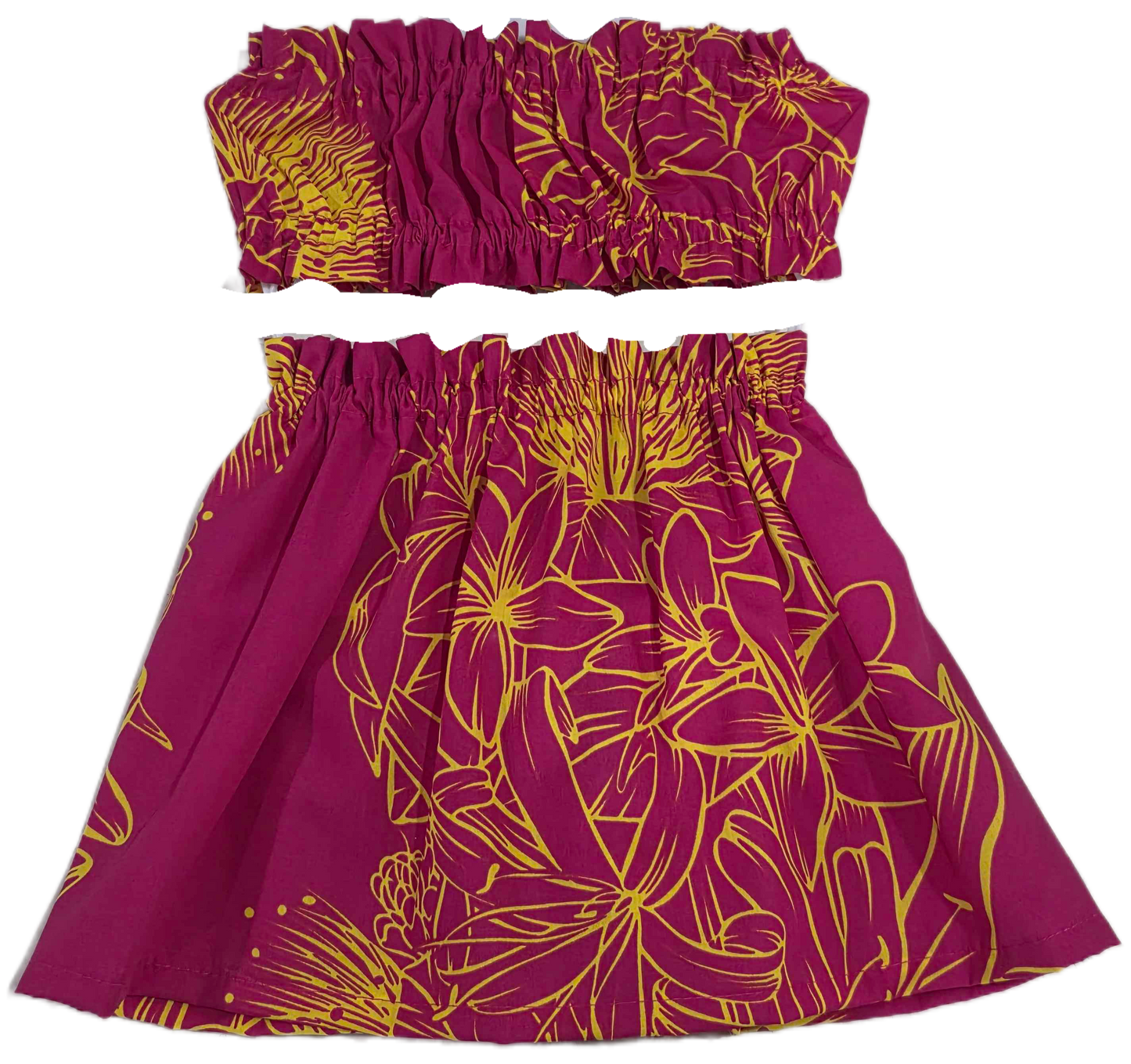 Purple strapless top and skirt set with yellow floral patterns on a white background