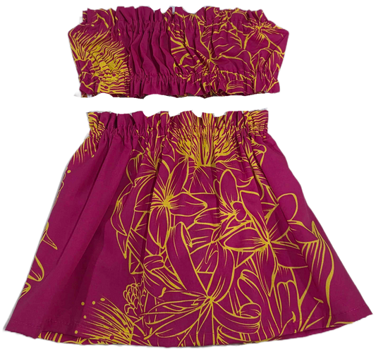 Purple strapless top and skirt set with yellow floral patterns on a white background