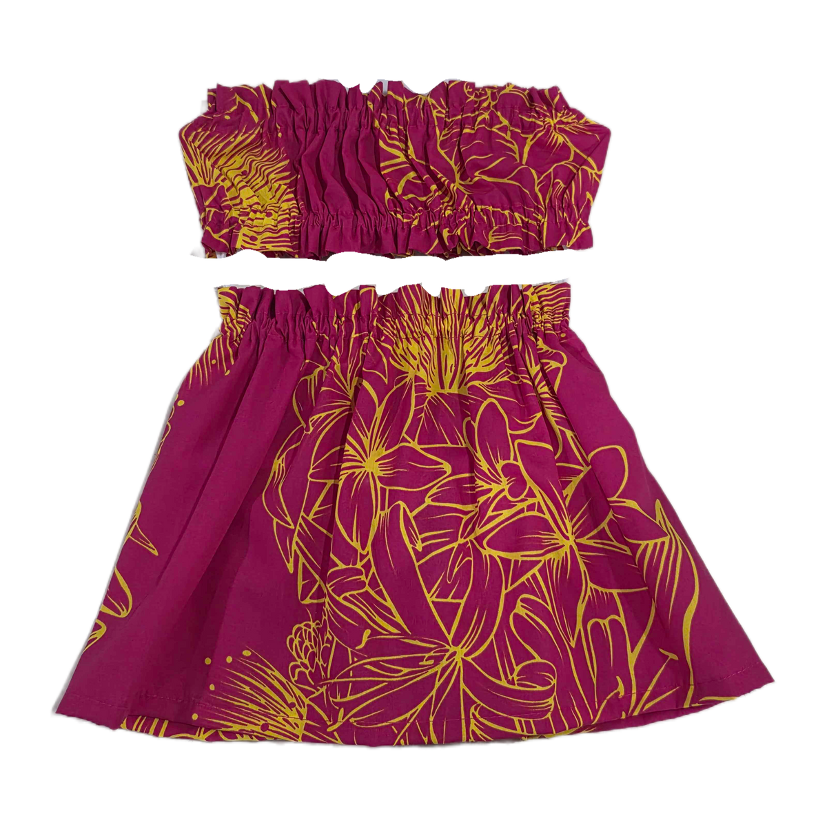 Purple strapless top and skirt set with yellow floral patterns on a white background