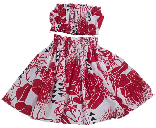 Red and white floral dress with black accents on a white background