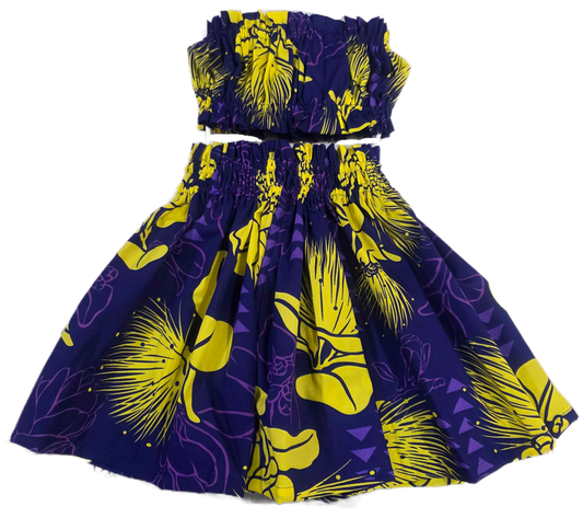 Purple and yellow dress with floral pattern on a white background