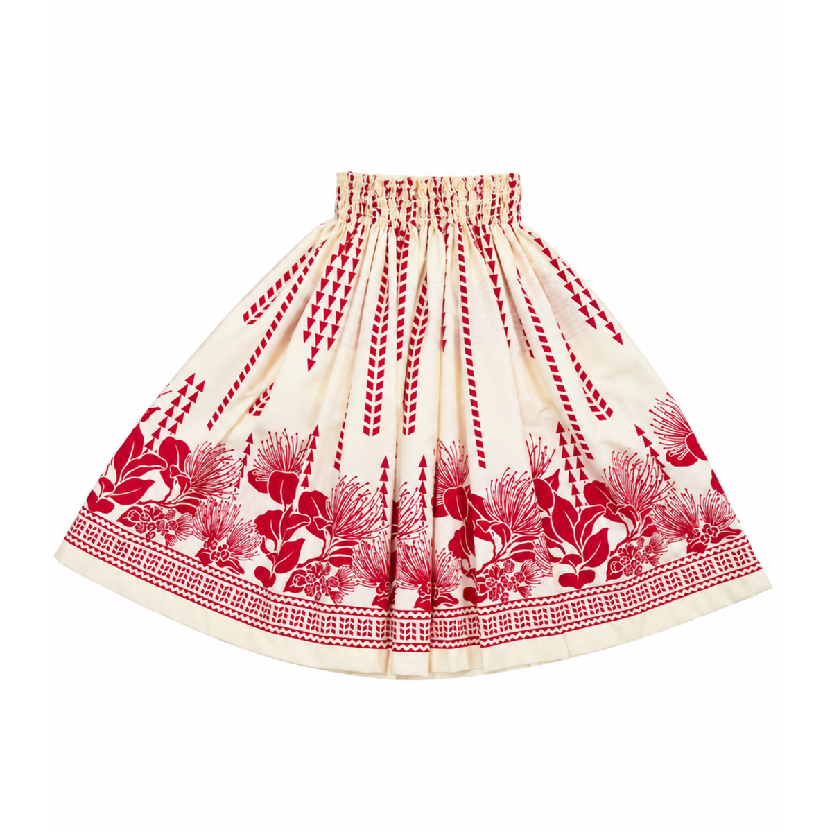 A cream-colored cotton skirt with a red floral and geometric pattern, featuring an elastic waistband.