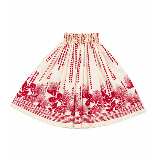 A cream-colored cotton skirt with a red floral and geometric pattern, featuring an elastic waistband.