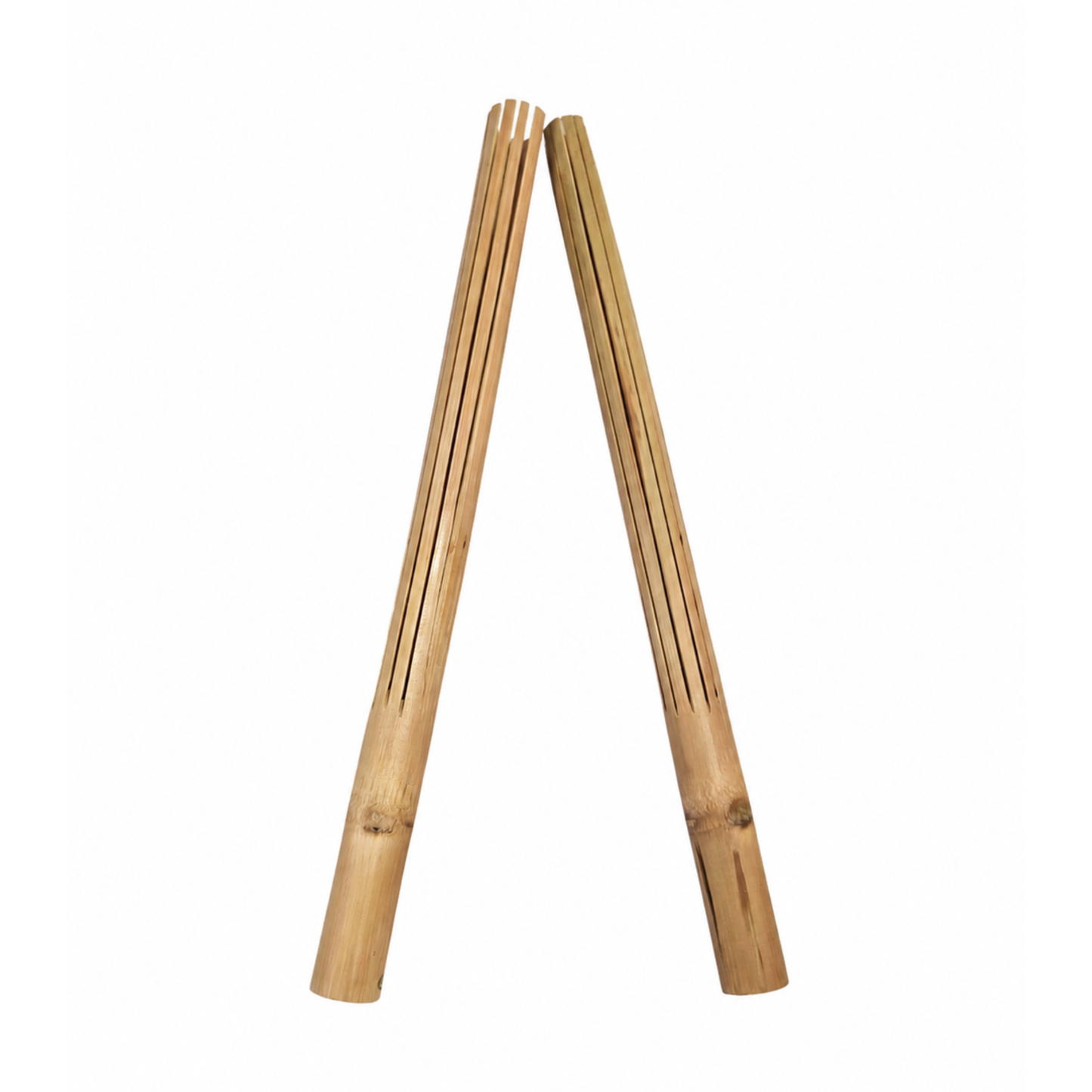 A pair of natural bamboo puili sticks arranged in a V-shape on a plain white background.