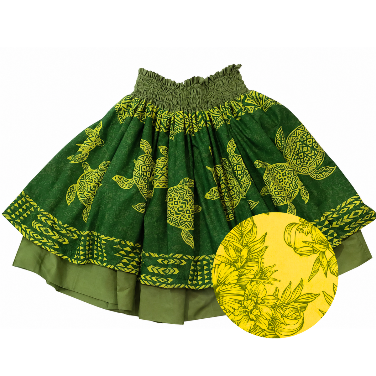 Green Honu and Yellow Hibiscus Reversible Pa'u Skirt
