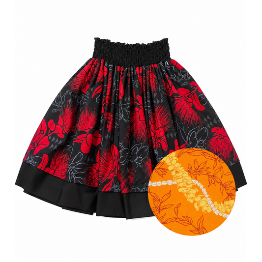 Red Black Lehua and Orange Leis Reversible Pa'u Skirt