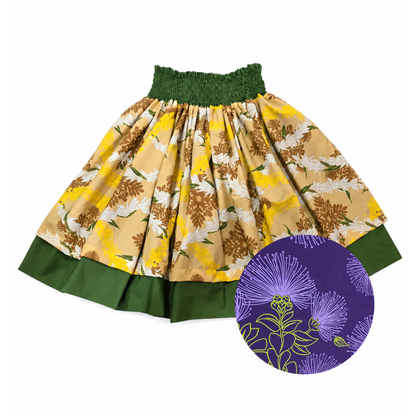 Tan Quilt Leis and Purple Lehua Reversible Pa'u Skirt