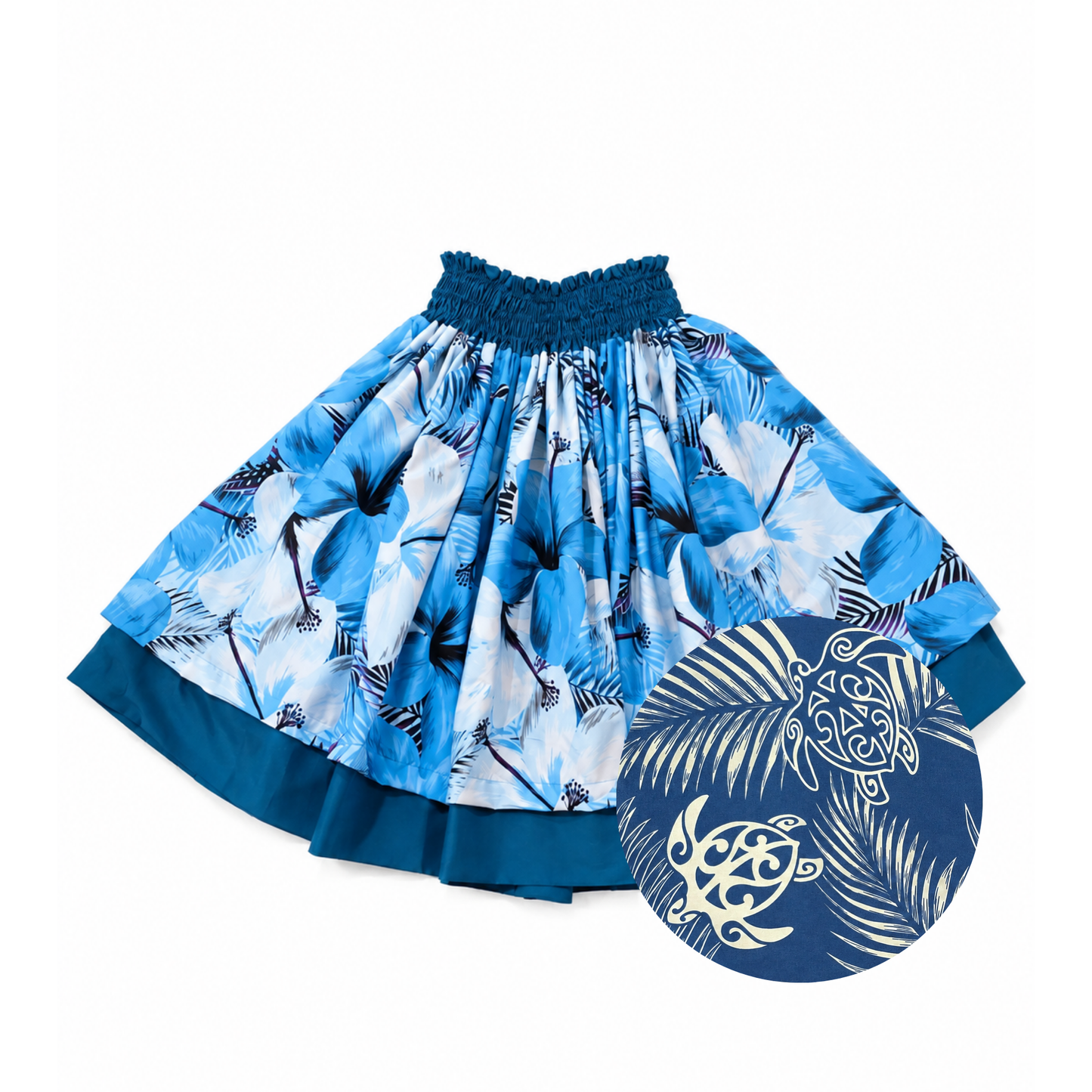 Blue Hibiscus and Blue Honu Palm Reversible Pa'u Skirt