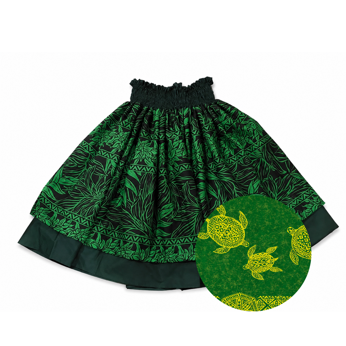 Black Green Foliage and Green Honu Reversible Pa'u Skirt