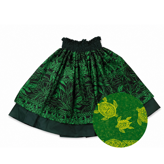 Black Green Foliage and Green Honu Reversible Pa'u Skirt