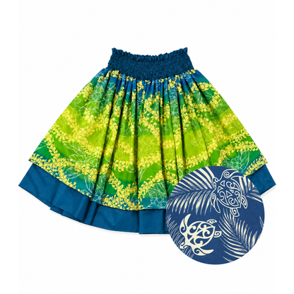 Yellow Puakenikeni and Blue Honu Palm Reversible Pa'u Skirt