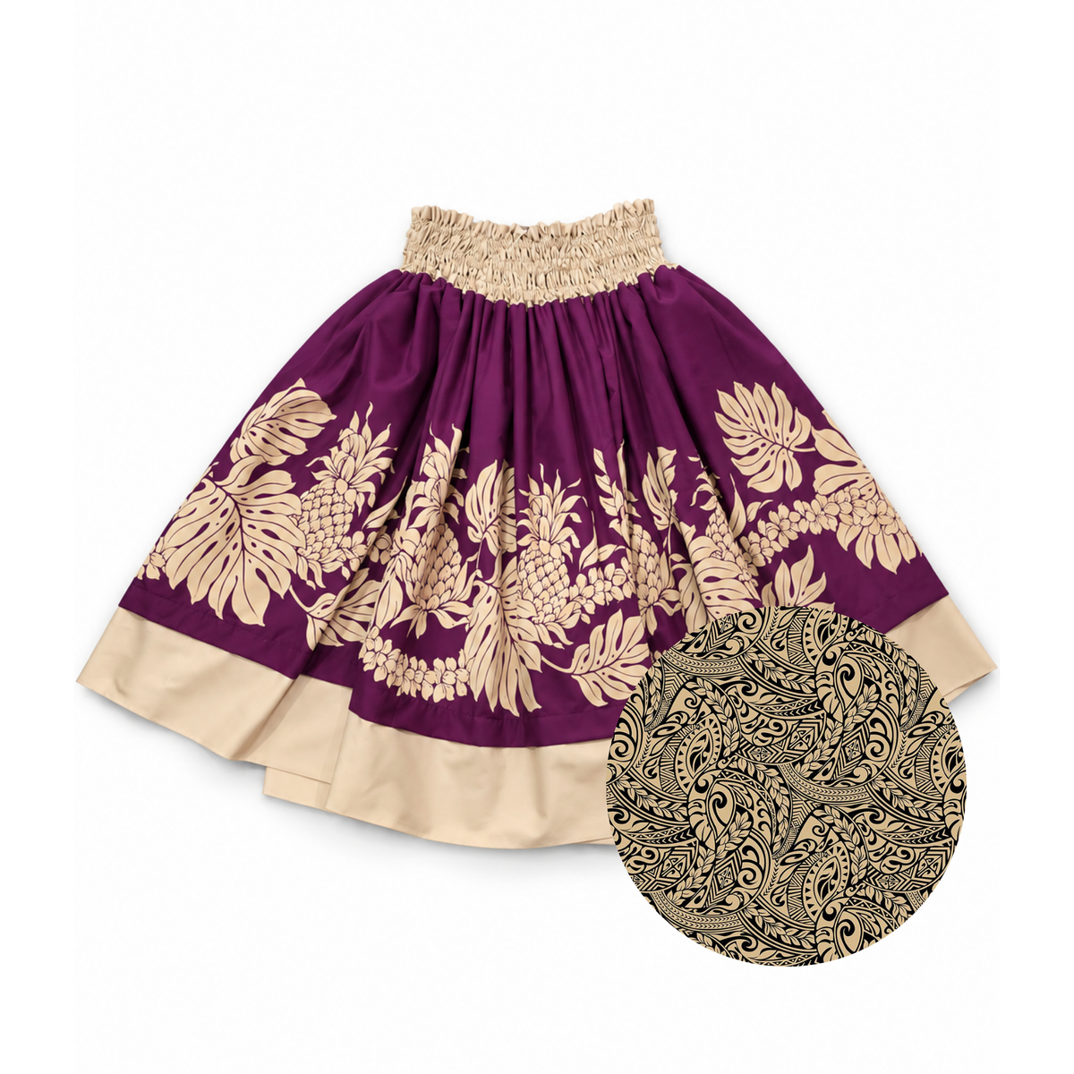 Purple Pineapple Monstera and Beige Tribal Reversible Pa'u Skirt