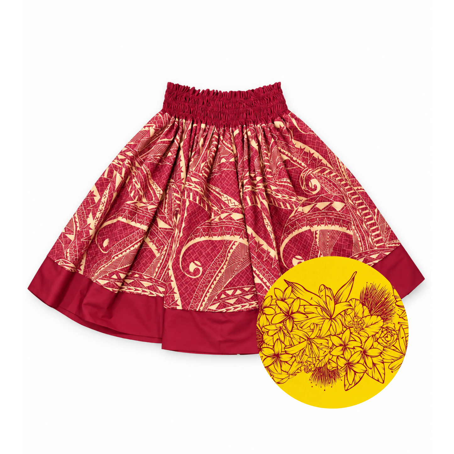 Red Tribal Yellow Floral Reversible Pa'u Skirt