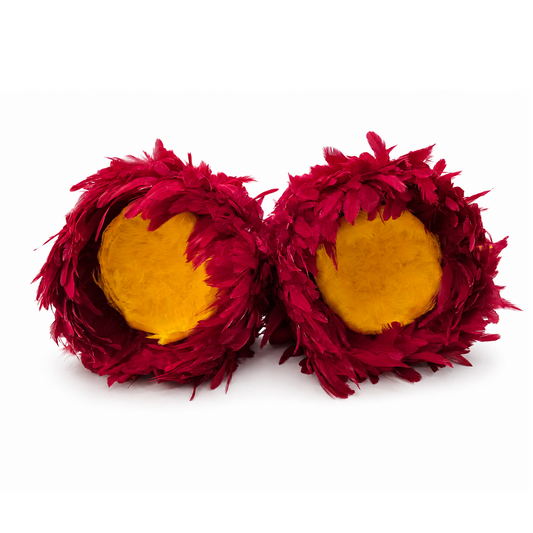 front/top of uliuli showcasing the red and yellow feathers